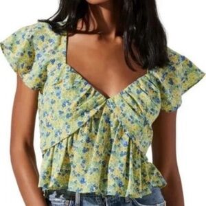 NWT ASTR the Label Yellow Blue Floral Cap Sleeve Cropped Top Blouse Size Medium
